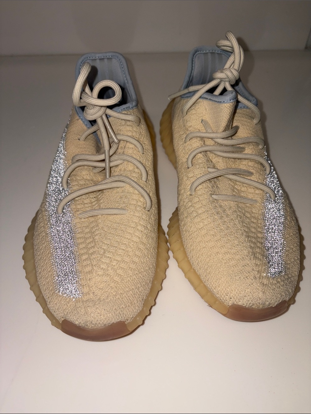 adidas yeezy Beige Knit Sneakers with Silver Reflective Stripe